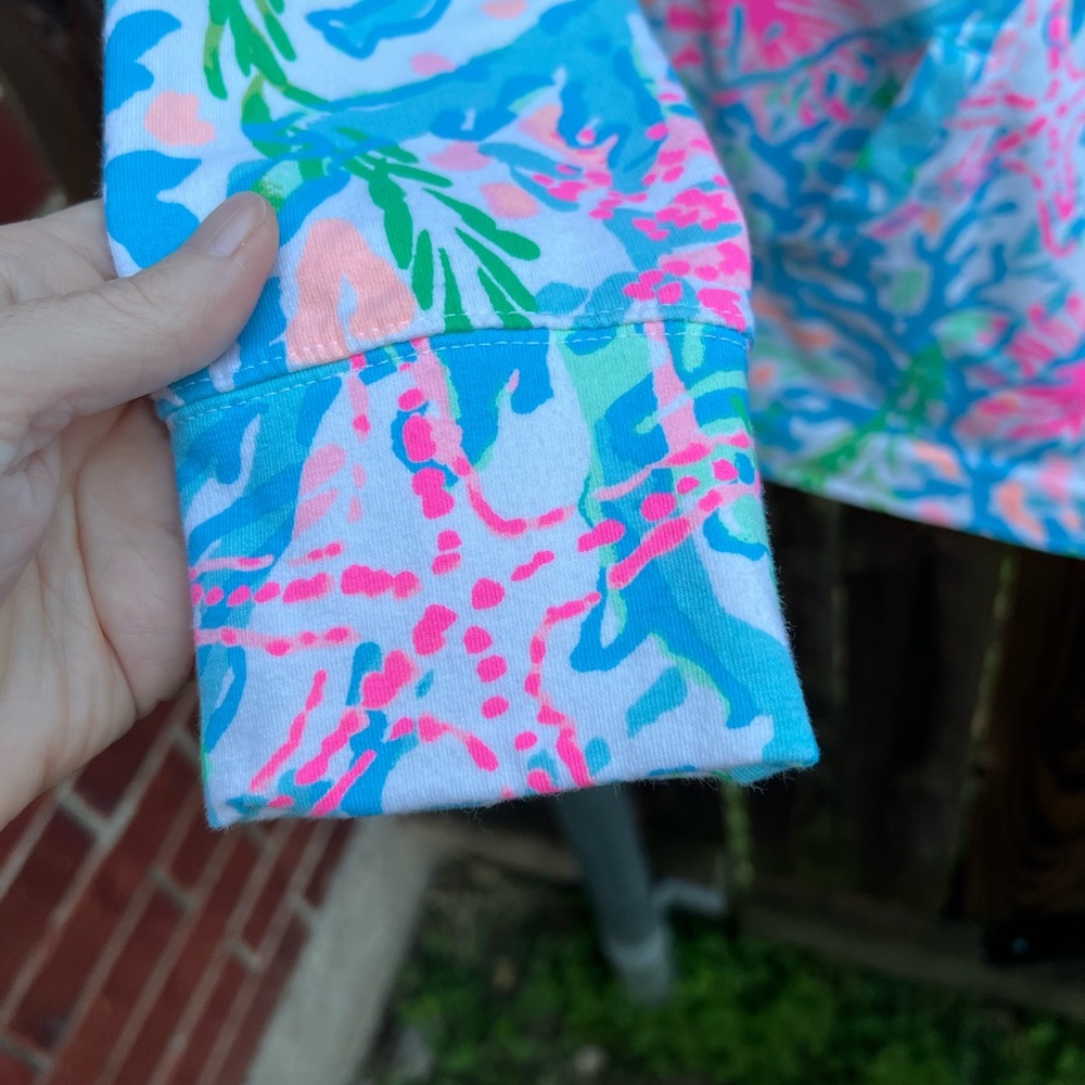 Lilly Pulitzer Coral Reef Print Quarter-Zip Pullover in Blue, Pink, Green - Picture 6 of 7